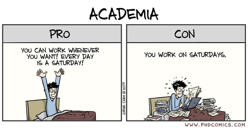 Ph.D. Comic about Academia: Pro - you can work whenever you want, every day is a Saturday; Con - you work on Saturdays